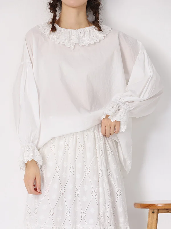Loose Solid Color Long Sleeve Embroidered Lace Collar Shirt