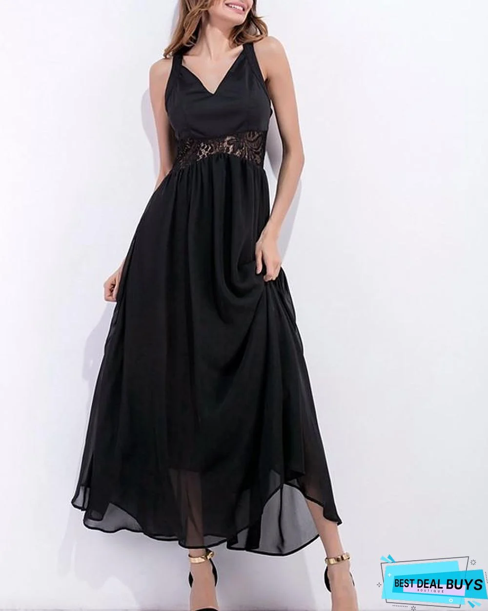 Women's A Line Dress Maxi Long Dress Black Sleeveless Solid Color Summer V Neck Work Sexy Black Dresses