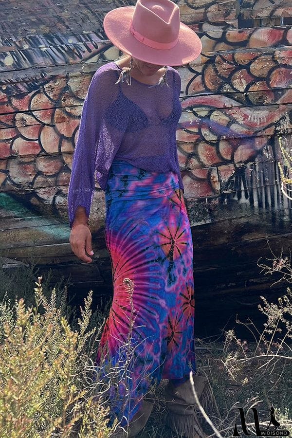 MidiSono - Preston Tie-dye Print Ruched Waist Stretch Slit Maxi Skirt