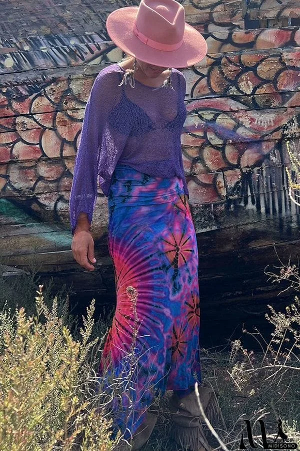 MidiSono - Preston Tie-dye Print Ruched Waist Stretch Slit Maxi Skirt