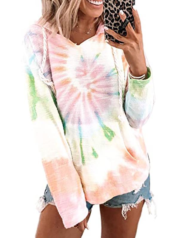 Women Long Sleeve V-neck Hooded Printed Colorblock Sweatshirts Tops