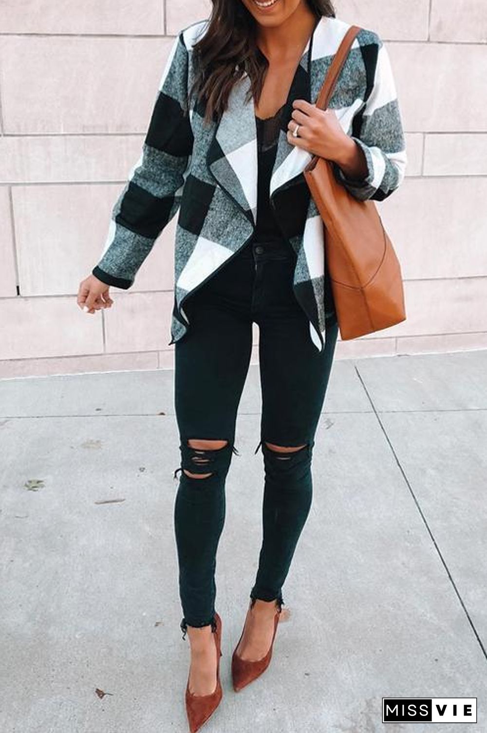 Casual Lapel Check Long Sleeve Jacket