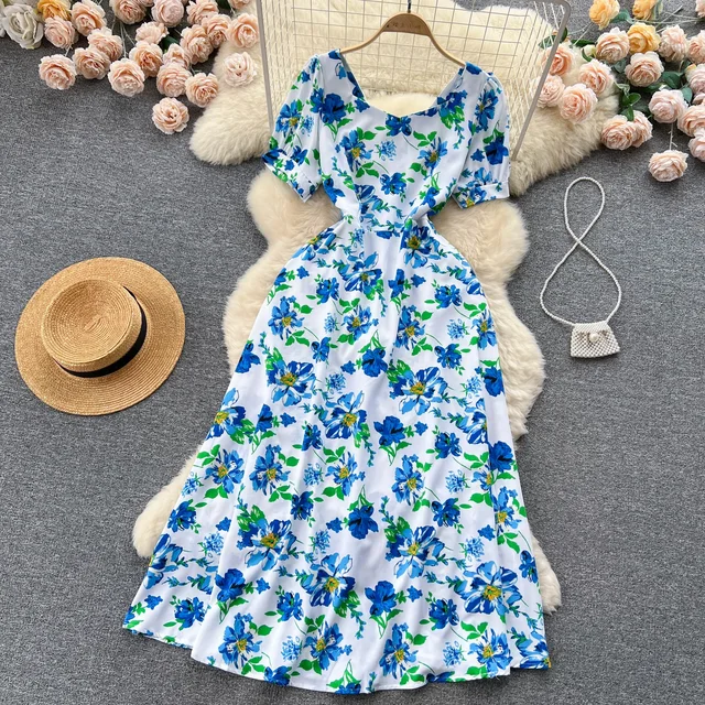 Women's Summer Outfits Square-Collar Printed Contrast Dress