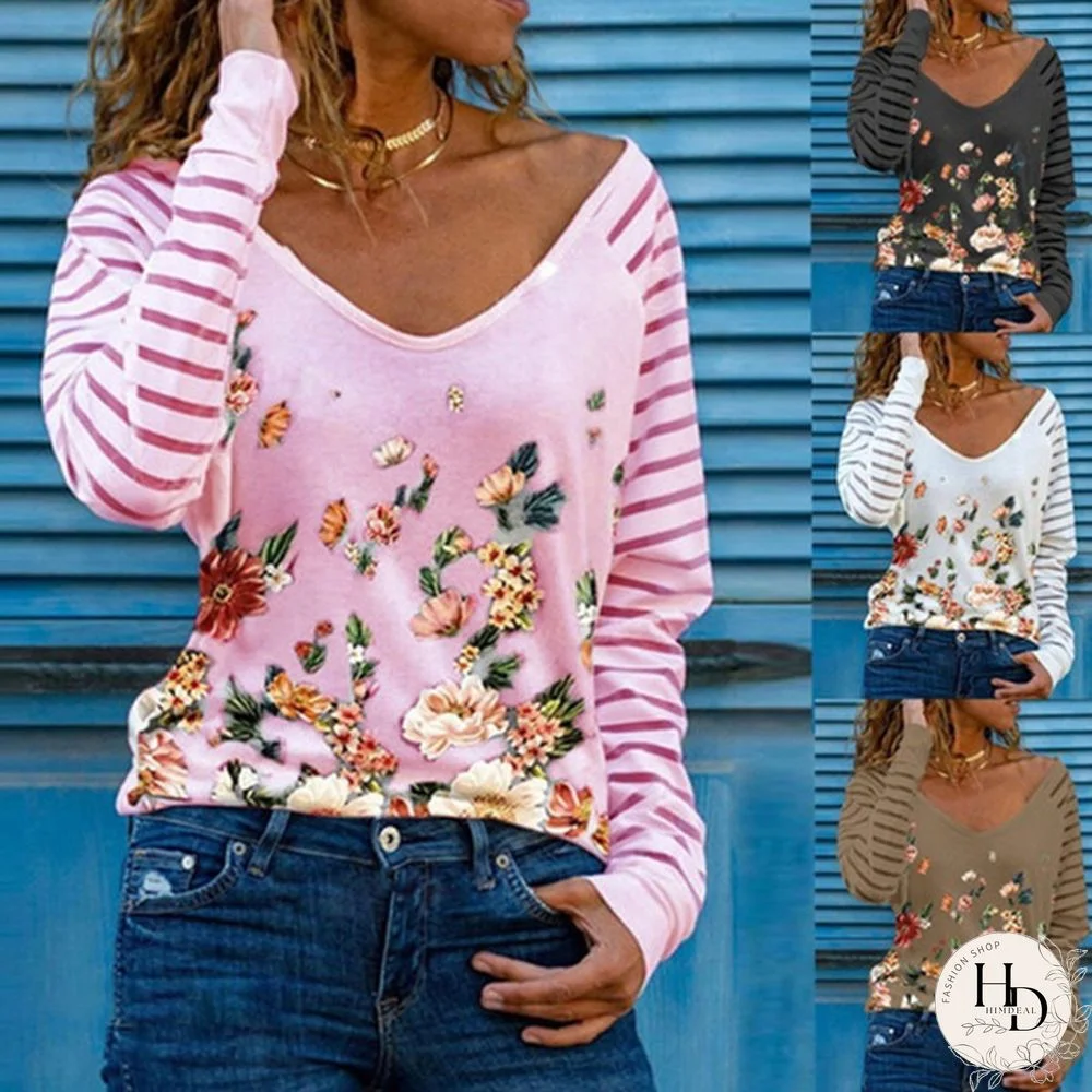 Spring and Summer New Fashion Striped Sleeve Flower Printed Casual Long Sleeve Sun Protection Soft and Comfortable T-shirt Loose Plus Size Lightweight Shirt Top S-3XL