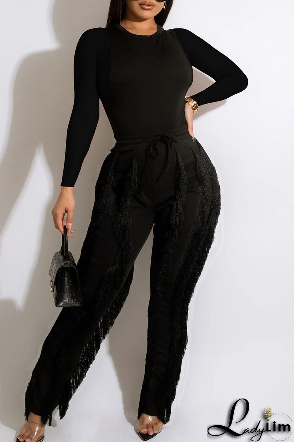 Orange Fashion Casual Solid Tassel Patchwork O Neck Long Sleeve Two Pieces