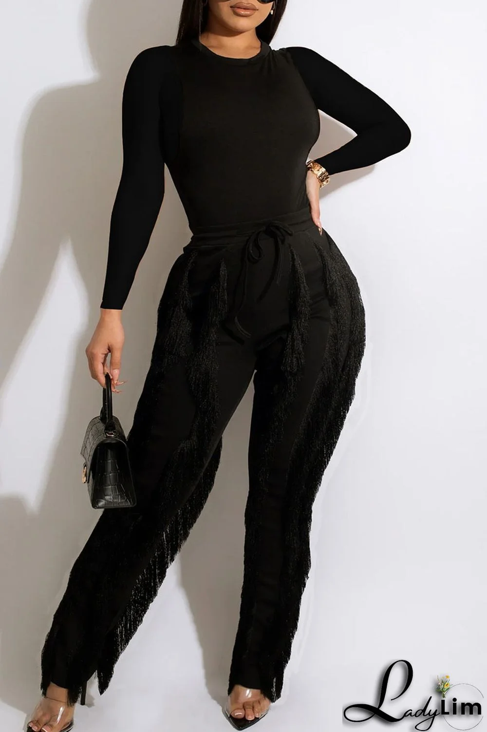 Orange Fashion Casual Solid Tassel Patchwork O Neck Long Sleeve Two Pieces