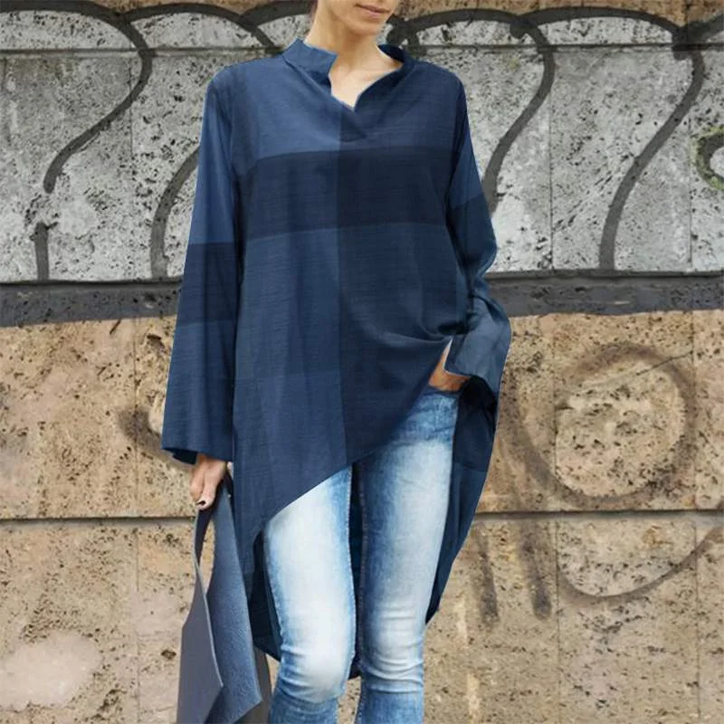ZANZEA Summer Long Sleeve Plaid Checked Blouse Women Asymmetrical Shirt 2022 Fashion High Low Hem Blusas Loose Casual Tops Tunic