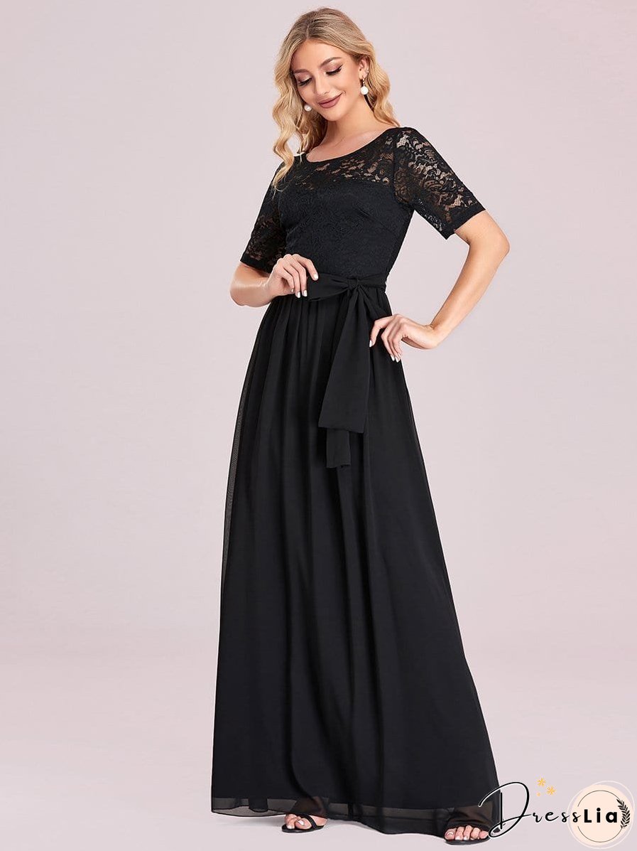 Sophisticated Lace Bodice Chiffon Maxi Evening Gown with Belt for Elegant Occasions