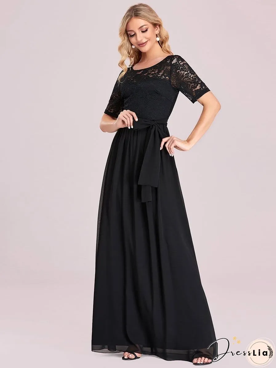 Sophisticated Lace Bodice Chiffon Maxi Evening Gown with Belt for Elegant Occasions