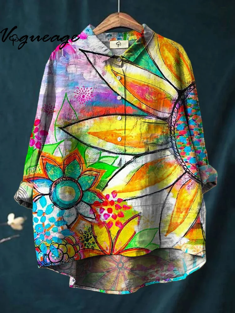 Watercolor Sunflower Print Cotton And Linen Shirt