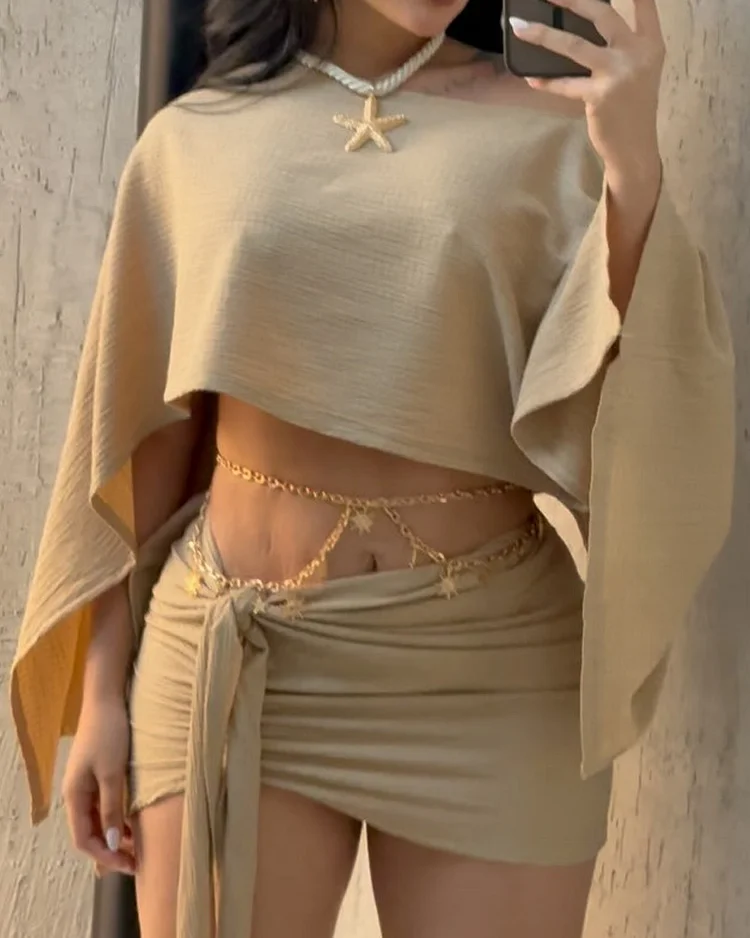 Round neck solid color tie mini two-piece suit