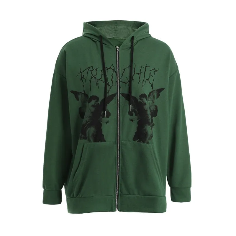 Xingqing Women Full Zip Hoodies Fashion Portrait Print Long Sleeve Loose Sweatshirt Tops Y2K Aesthetic Ladies Clothes Streetwear