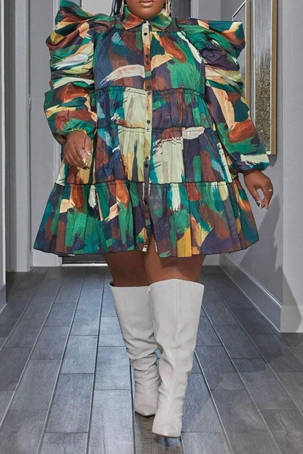 Graphic Print Retro Single Breasted Mini Dress