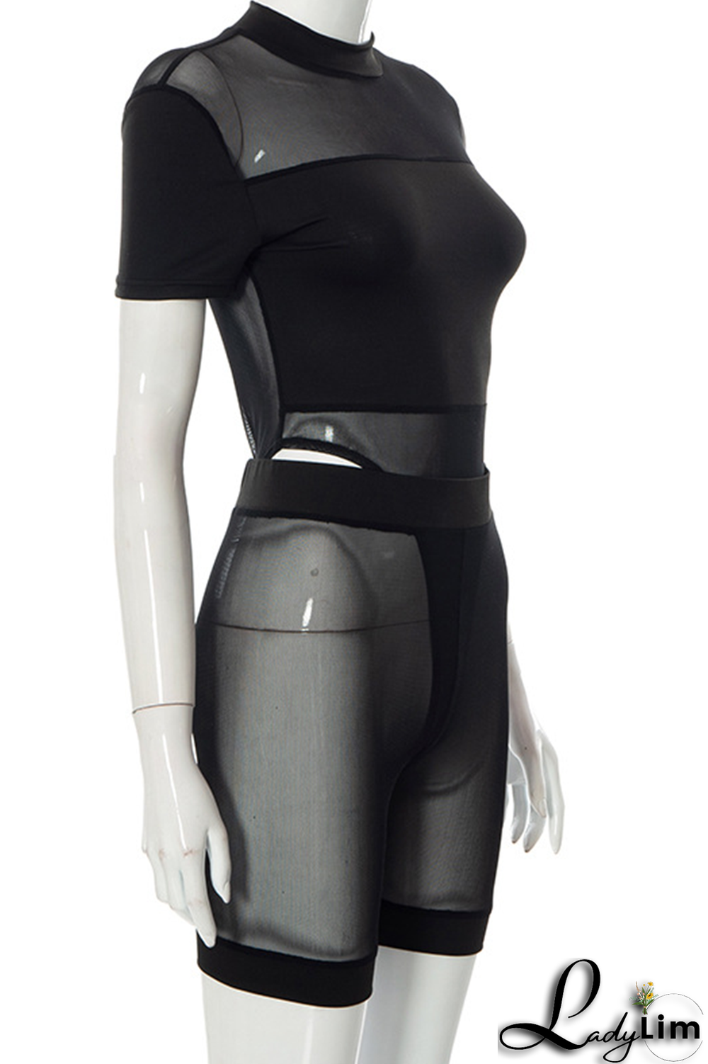 Black Sexy Solid Split Joint Mesh O Neck Short Sleeve Two Pieces