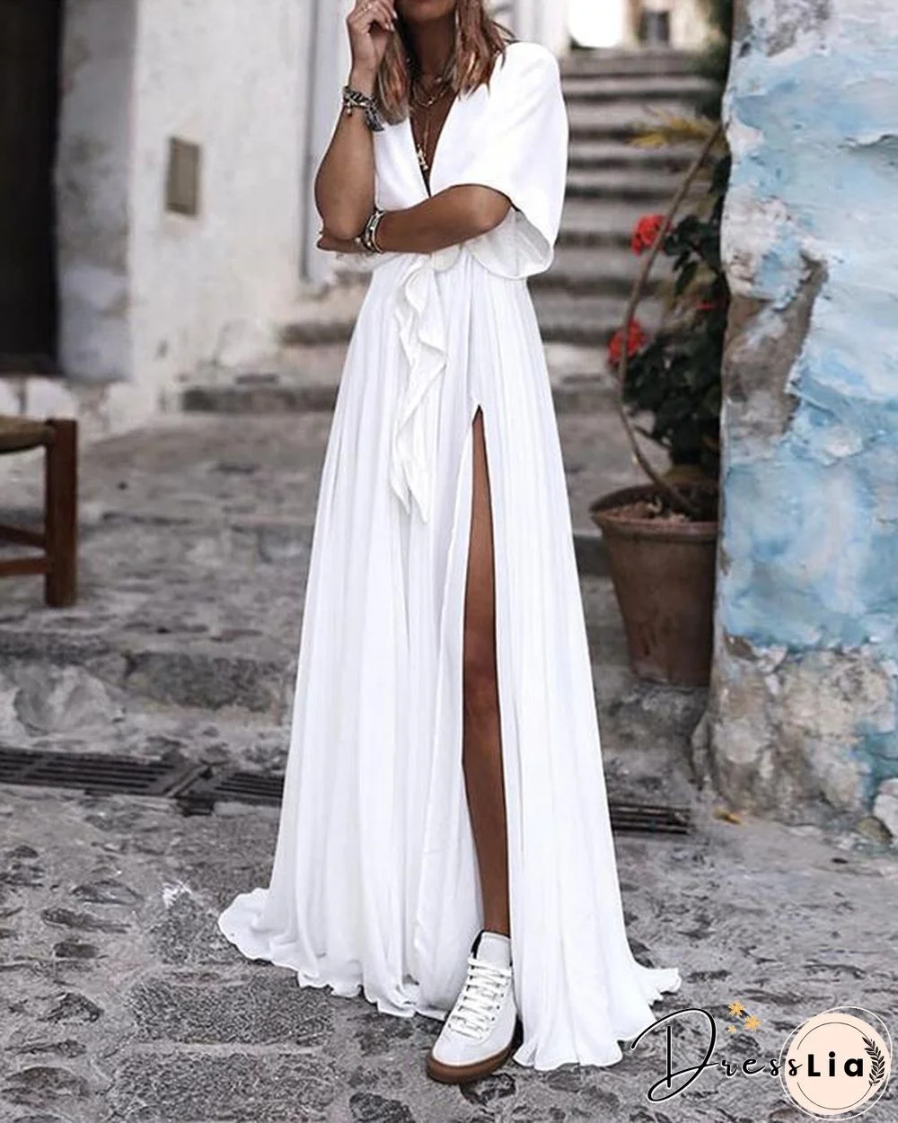 Sexy V Neck Short Sleeve Solid Lace Maxi Dress