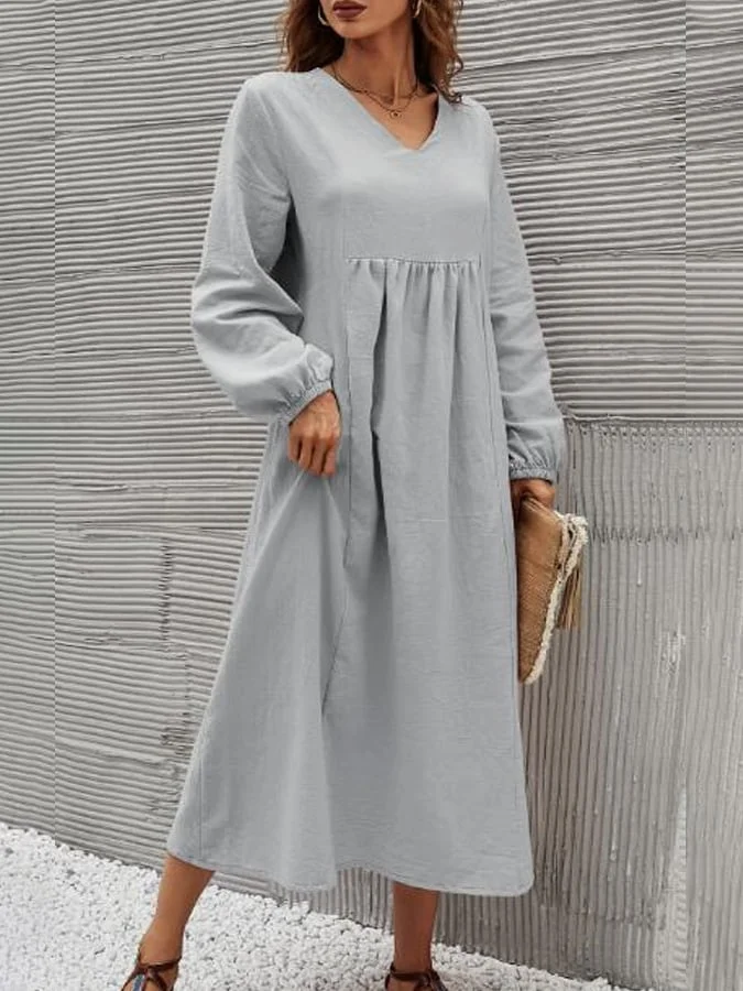 Women's Casual V-neck Long-sleeved Cotton Linen Dress