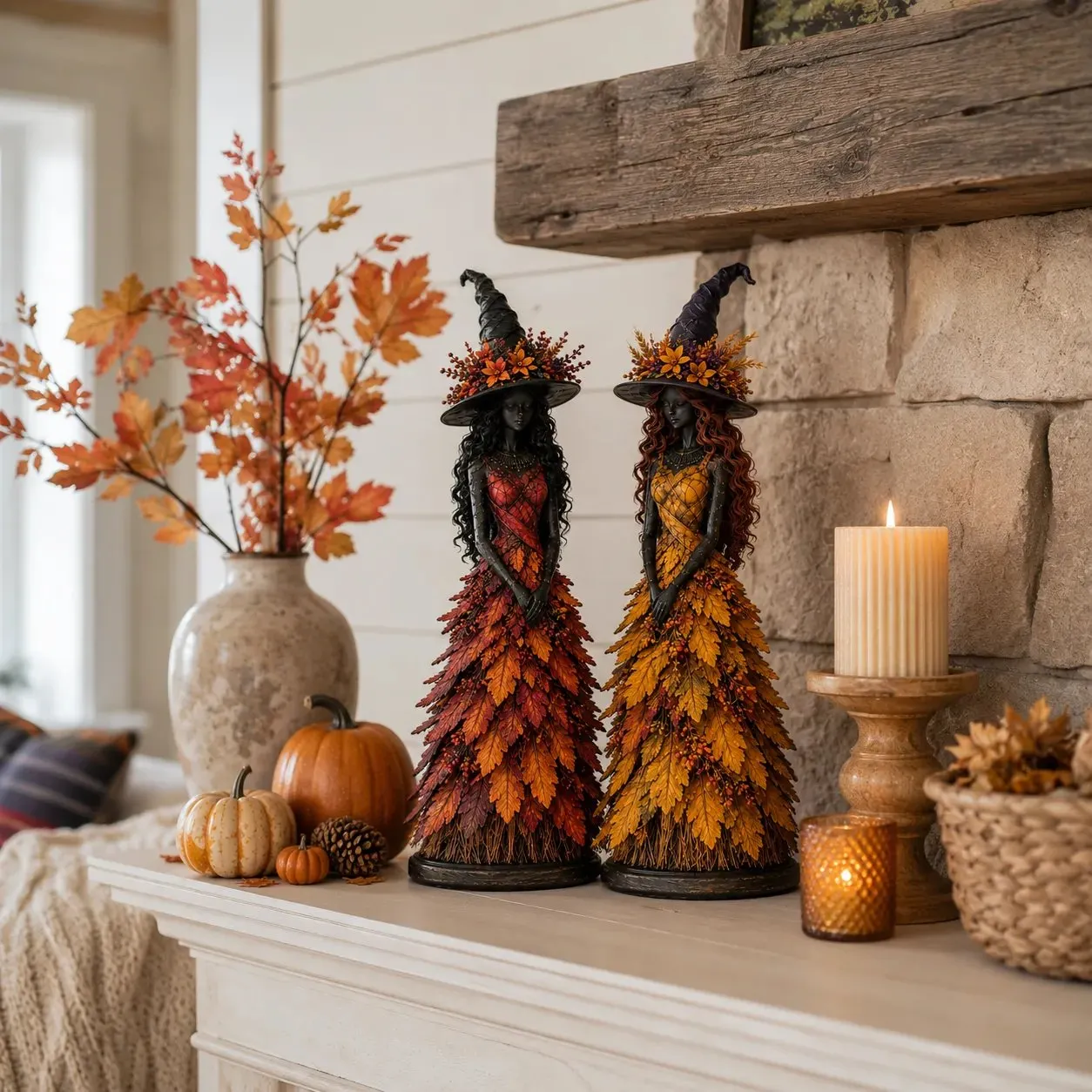 Different autumn witch figurine styles for seasonal home decor