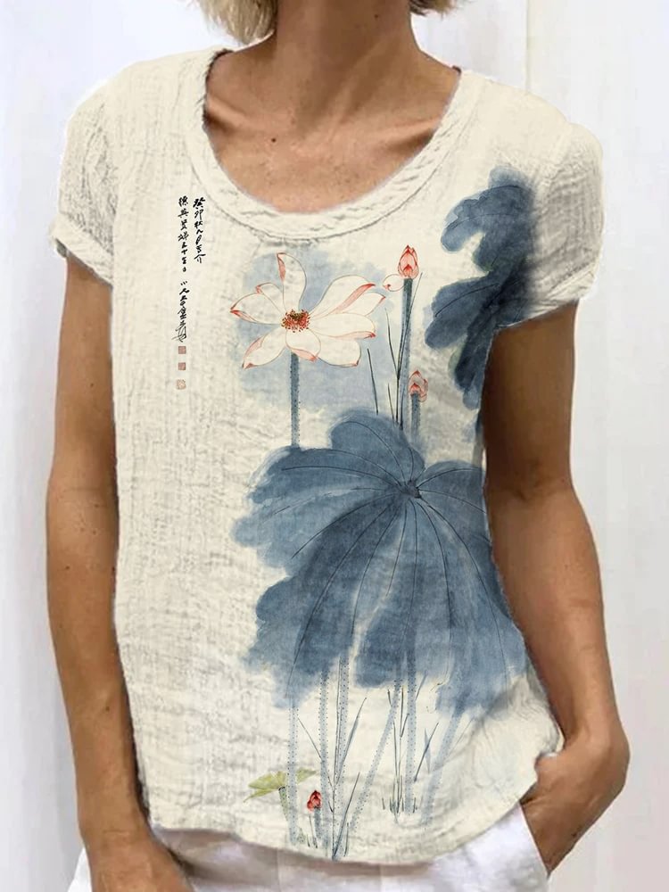 Comstylish Japanese Retro Orchid Ink Wash Painting Art Linen Casual T-Shirt