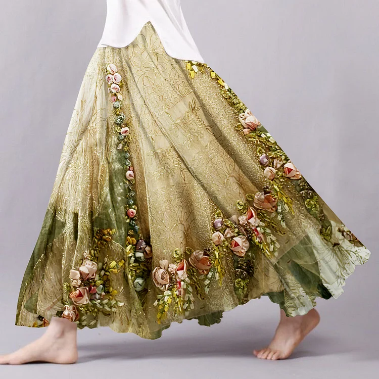 Women's Boho Flowers Art Linen Blend Skirt
