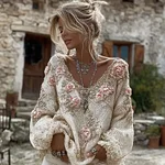 Women's Vintage Pink Flowers Art V-neck Cozy Knit Sweater - Image 2