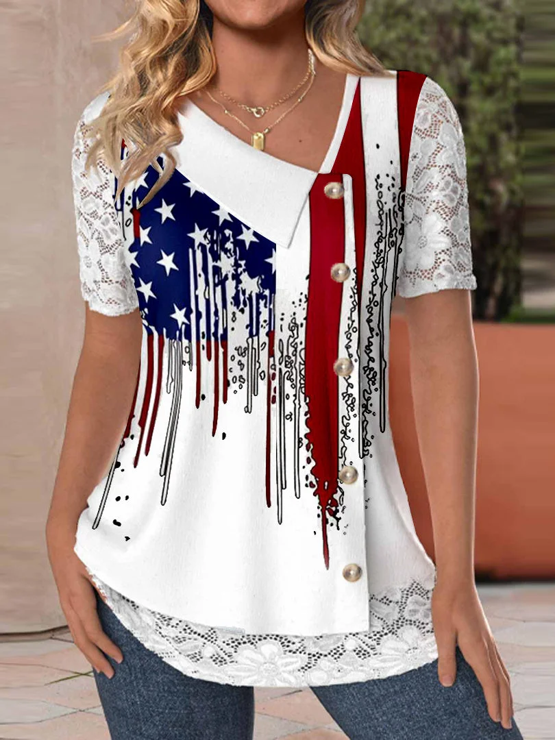 Women's Short Sleeve V-neck Lace Stitching Graphic Buttons Top