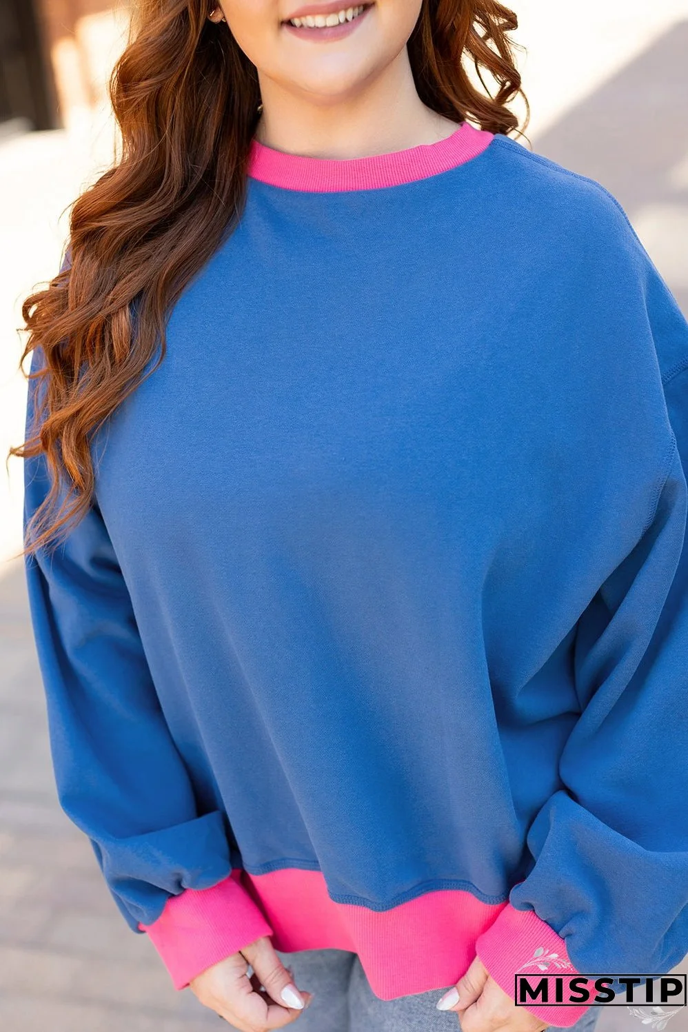 Sky Blue Color Block Edge Balloon Sleeve Plus Size Sweatshirt