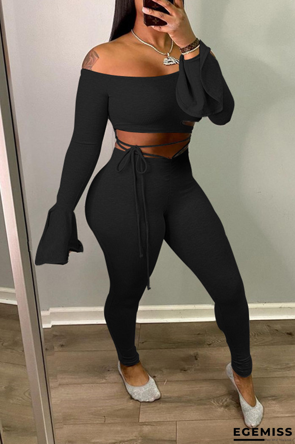Black Casual Solid Draw String Off the Shoulder Long Sleeve Two Pieces | EGEMISS