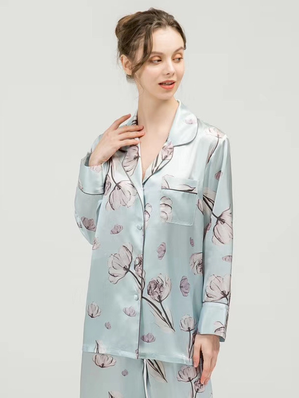 Realsilklife Silk Pajamas 19 Momme Spring Blue Floral Silk Pajamas