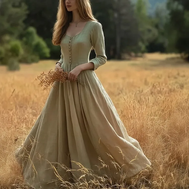 Classic Elegant Buttoned Flowy Linen Maxi Dress