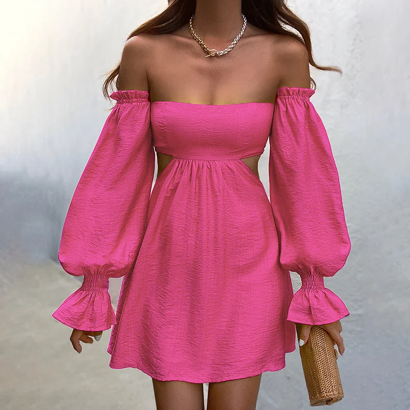 Sexy Off Shoulder Dress Hollow Out Lantern Sleeve Mini Swing Dress