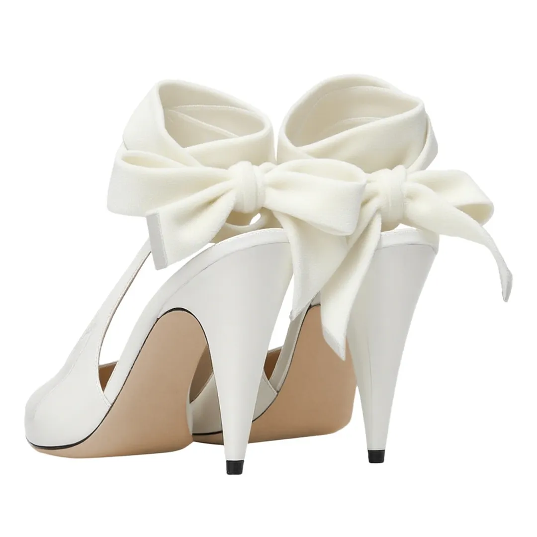 Women's Pointed Toe Cone Heel Slingback White Pumps with Bow