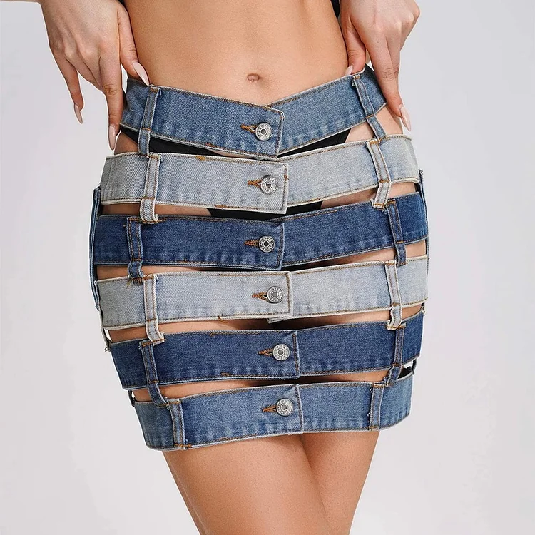 Patchwork Hollow Denim Short Skirt