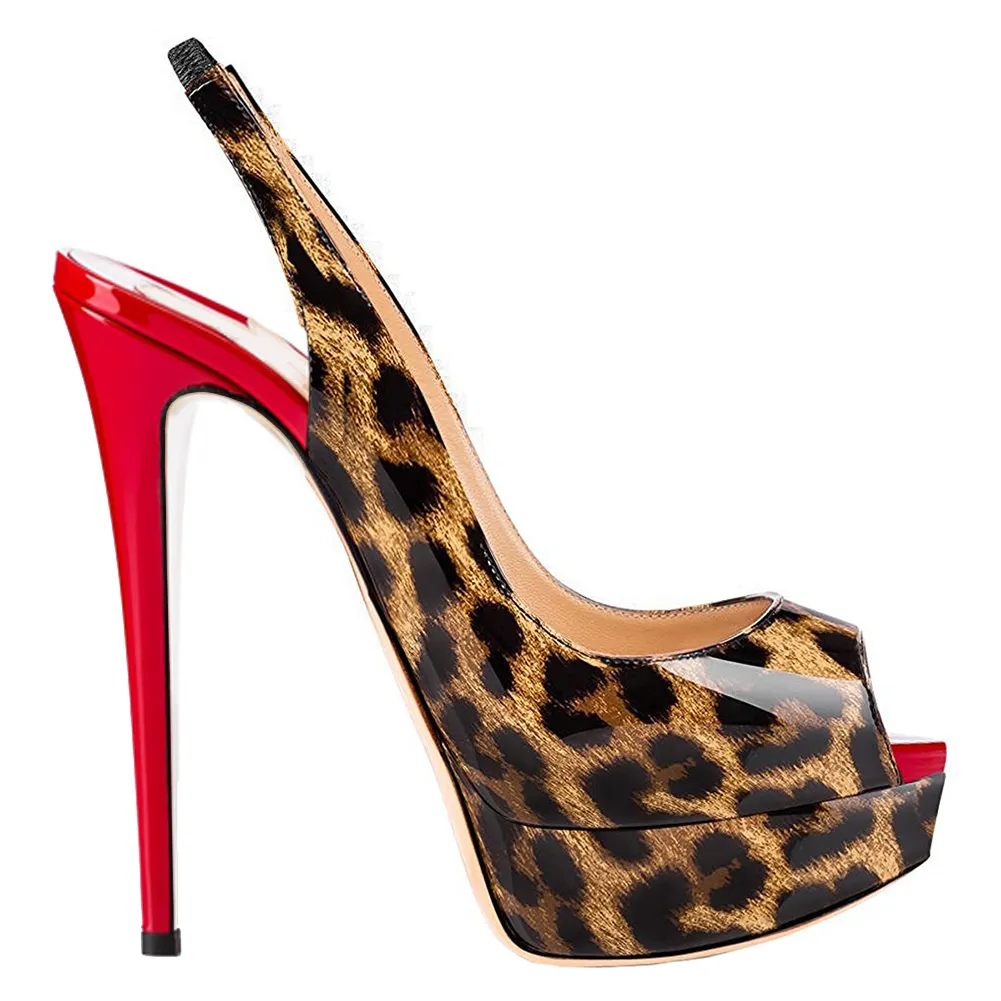 150mm Slingback Sandals Platforms Sky High Party Gradient Color Leopard with Red Heels Pumps-vocosishoes