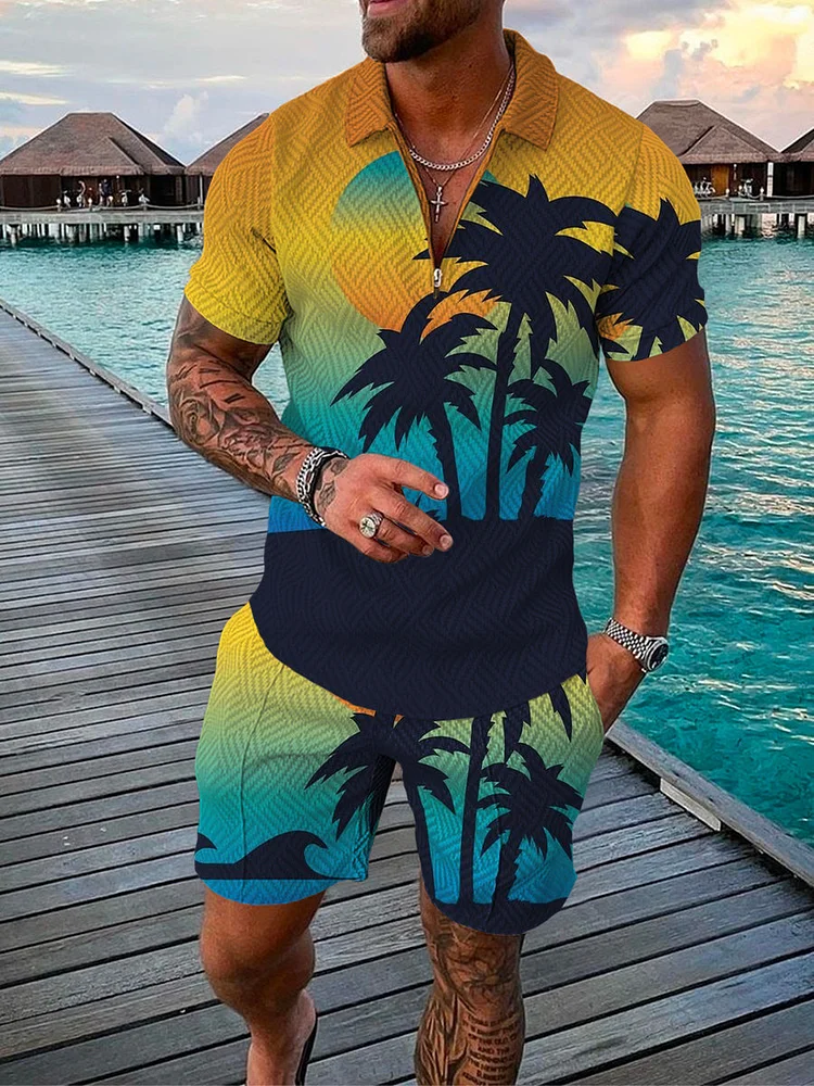 Men's Coconut Tree Zip Polo Shirt and Shorts Two-Piece Suits
