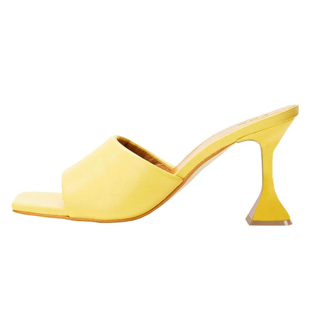 Elegant Vegan Leather Wide Band Yellow Mules with Flared Heel