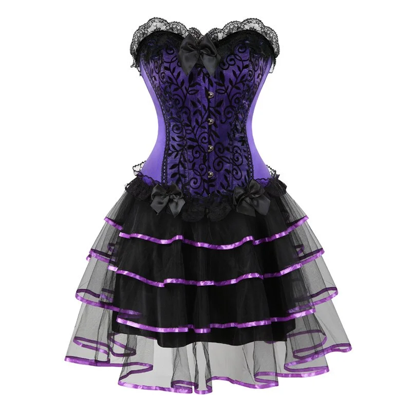 Sapubonva victorian corset dress gothic cosplay costume halter corset sexy vintage corset bustier skirt fashion plus size purple