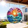 (18.5cm)DIY Acrylic Jigsaw Puzzle Window Hanging with Hanging Chain DIY Stained Glass Decoration Round Window Puzzle Decor for DIY Craft Project (Stained Glass Sea Wave)