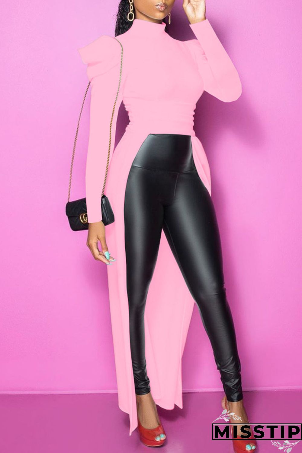 Pink Casual Street Solid Patchwork Fold Asymmetrical Half A Turtleneck Tops