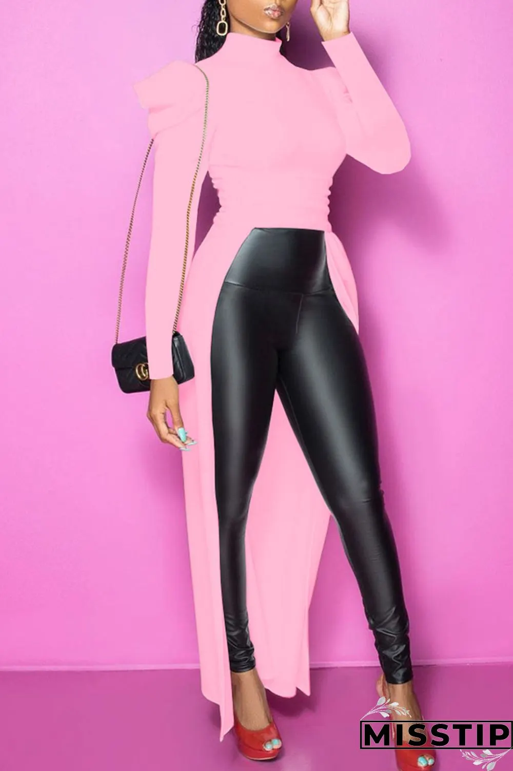 Pink Casual Street Solid Patchwork Fold Asymmetrical Half A Turtleneck Tops