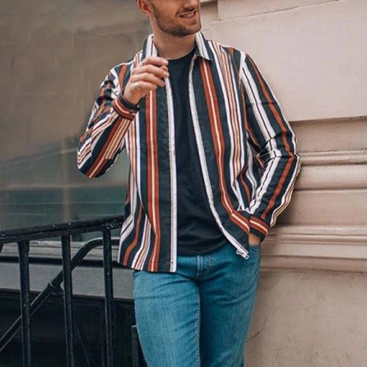 Men's loose retro striped long sleeve shirt