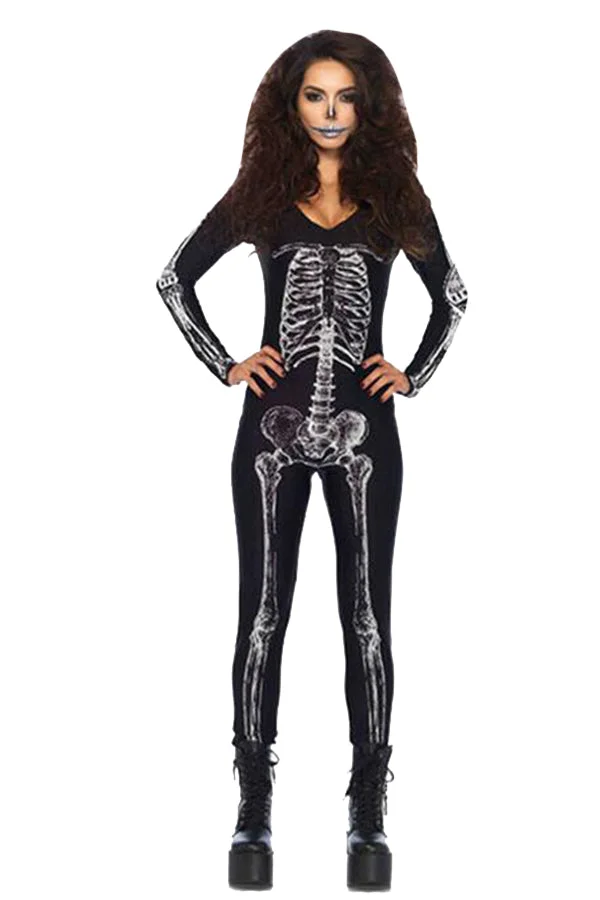 Women's X-Ray Skeleton Catsuit Halloween Costume Black-elleschic