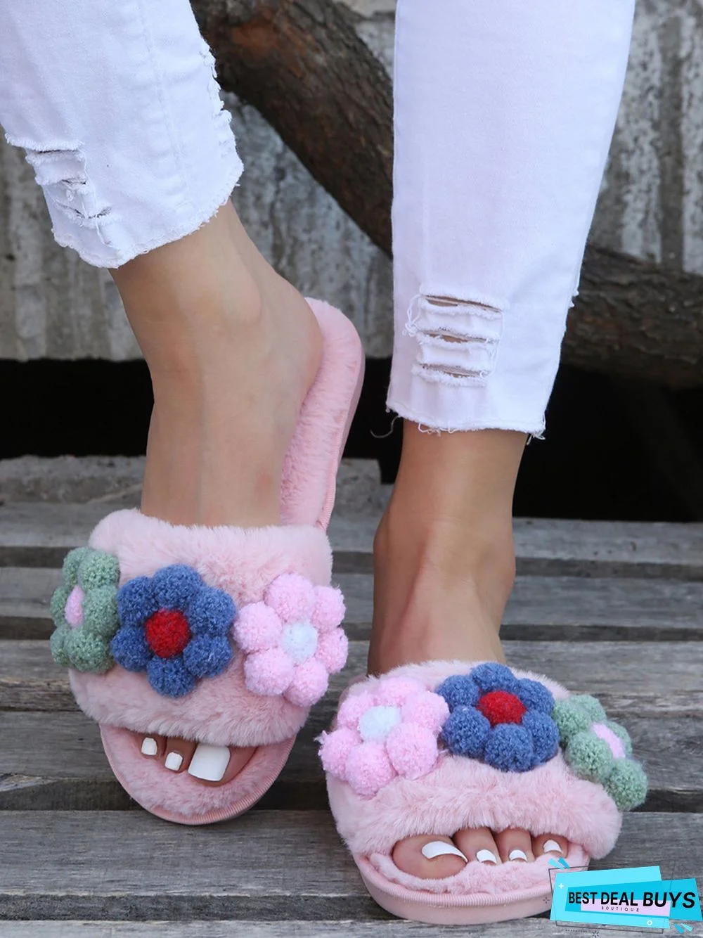 Cute Flowers Warm Faux Fur Indoor Slippers