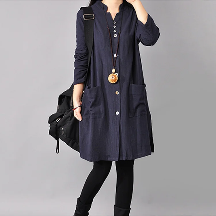 Solid Color Stand Collar Long Sleeve Casual Midi Dress