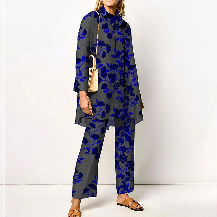 Lapel Blue Botanical Floral Shirt Two-Piece Set