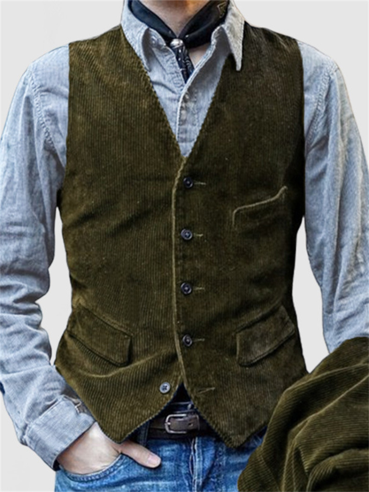 Men's Four Seasons Daily Workwear Striped Vintage Vest Corduroy Single-breasted Undershirt Shoulder Jacket Men's