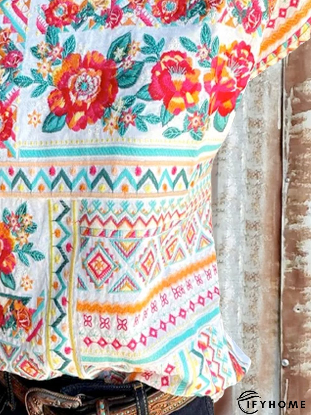 Geometric Flowers Casual Cotton-Blend Top | IFYHOME