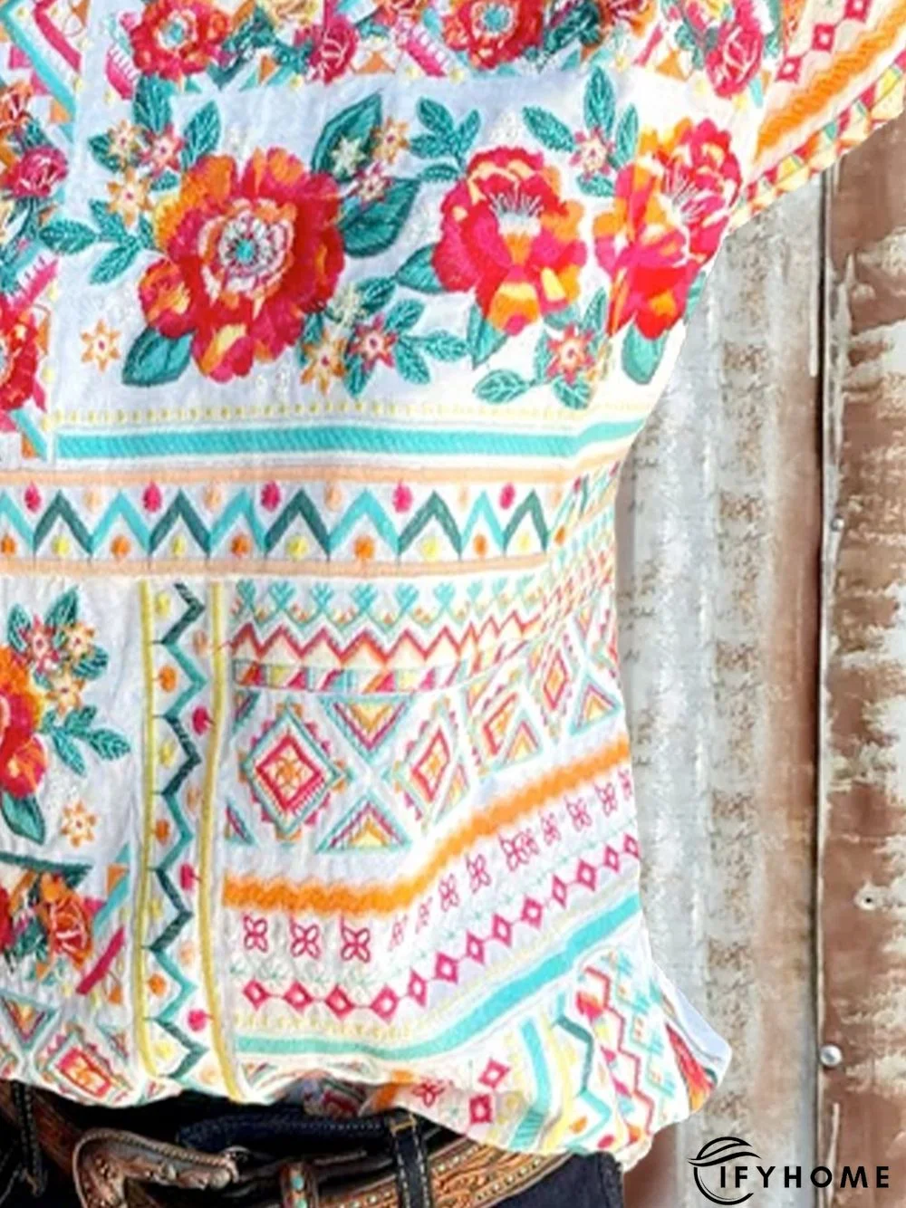 Geometric Flowers Casual Cotton-Blend Top | IFYHOME