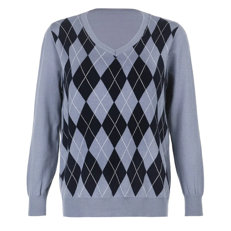 HEYounGIRL Casual Loose Autumn Winter Knitted Sweater Women Y2K Argyle Long Sleeve Jumper Ladies Preppy Style Pullover Knitwear