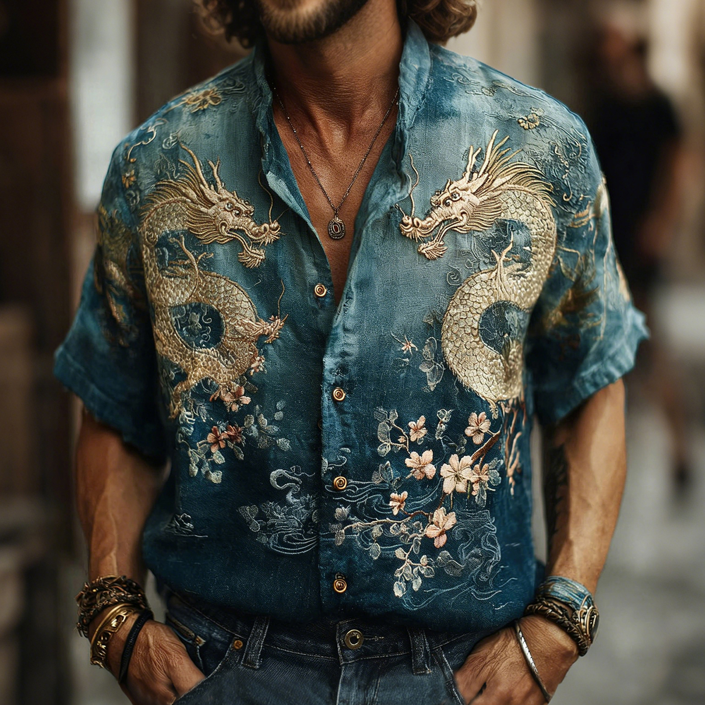 Men's Japanese Dragon & Apricot Blossom Art Linen Shirt elevenforest