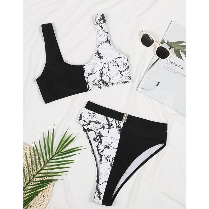 Peachtan Marble Print Bikinis 2022 Mujer Sexy Patchwork Swimsuit Women High Waist Swimwear Female Sport Bathing Suit Biquini New